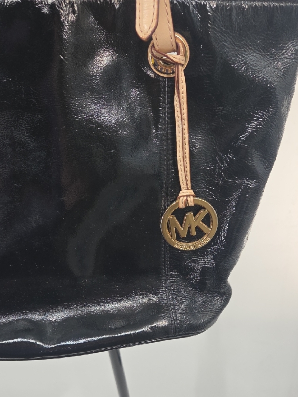 Michael Kors Black Patent Tote with Tan Straps and Gold MK Charm - Picture 16 of 16